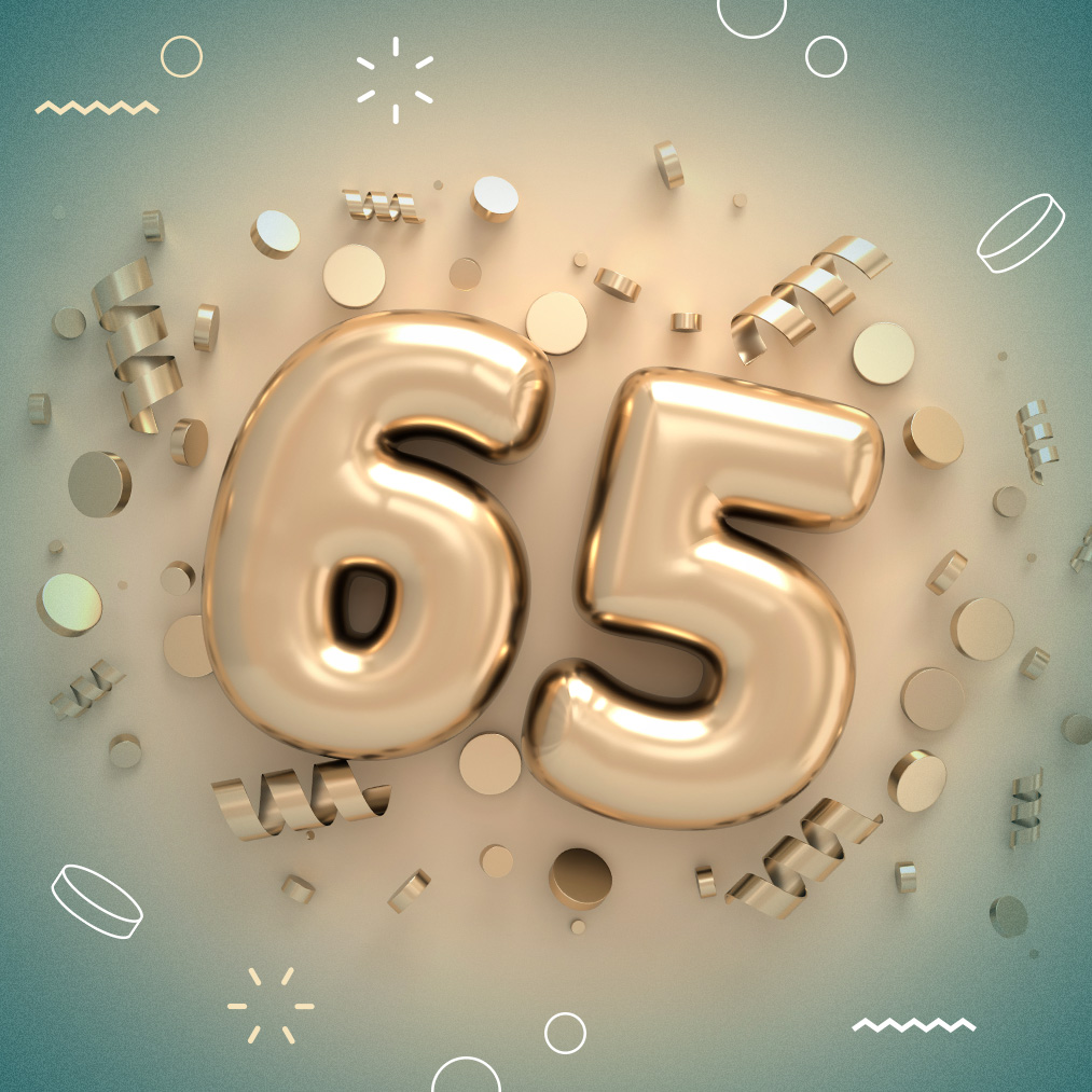 The numbers 65 in balloons