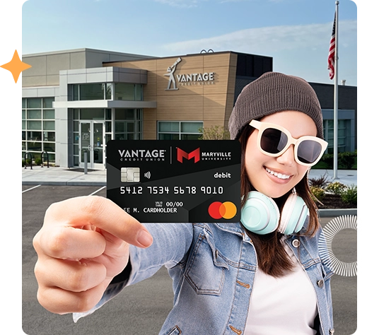 Maryville University student holding Vantage co-branded debit card