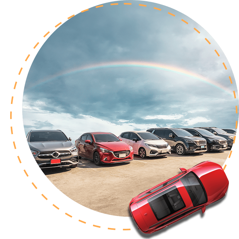 A line of cars in a parking lot