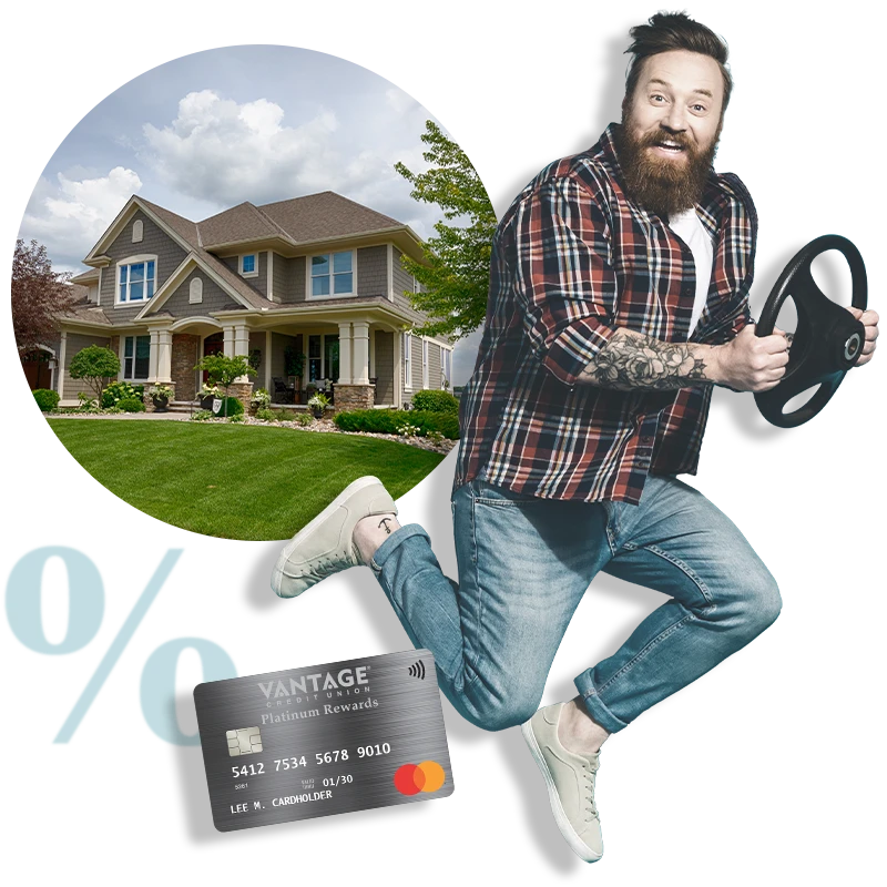 A collage of a home, credit card and man jumping with a steering wheel