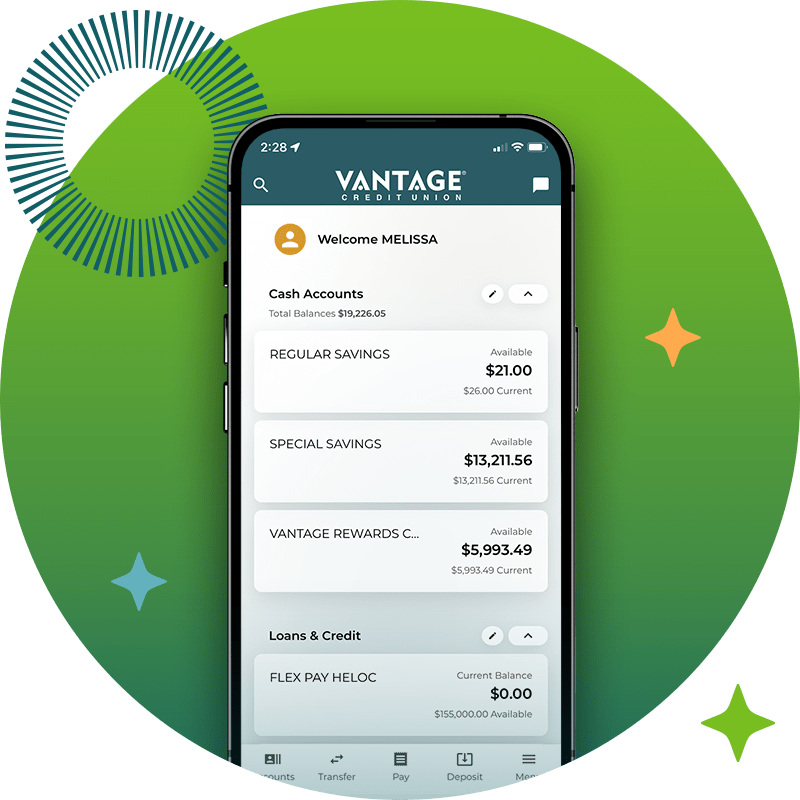 Graphic of Vantage mobile app on a phone